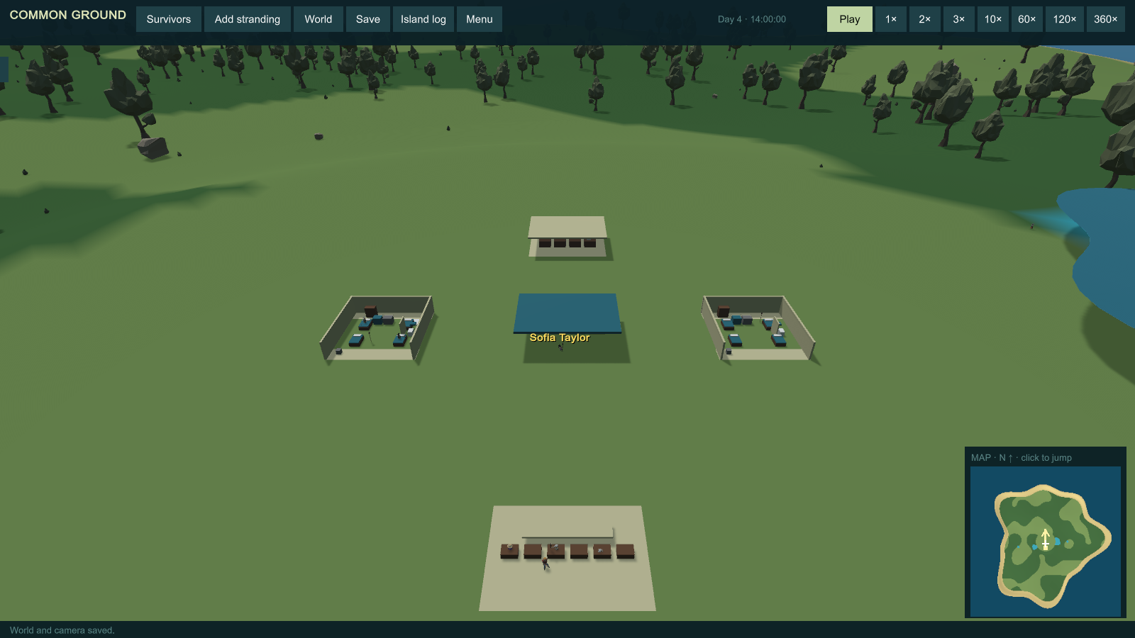 A cutaway view of two furnished houses, a shared market, workshop and garden on an island