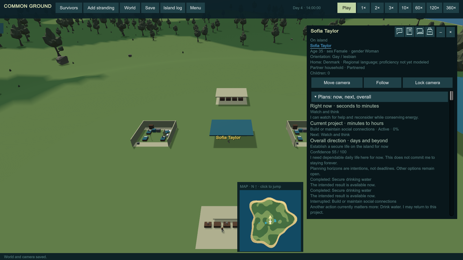 A survivor's character window showing immediate intentions, current project and overall direction