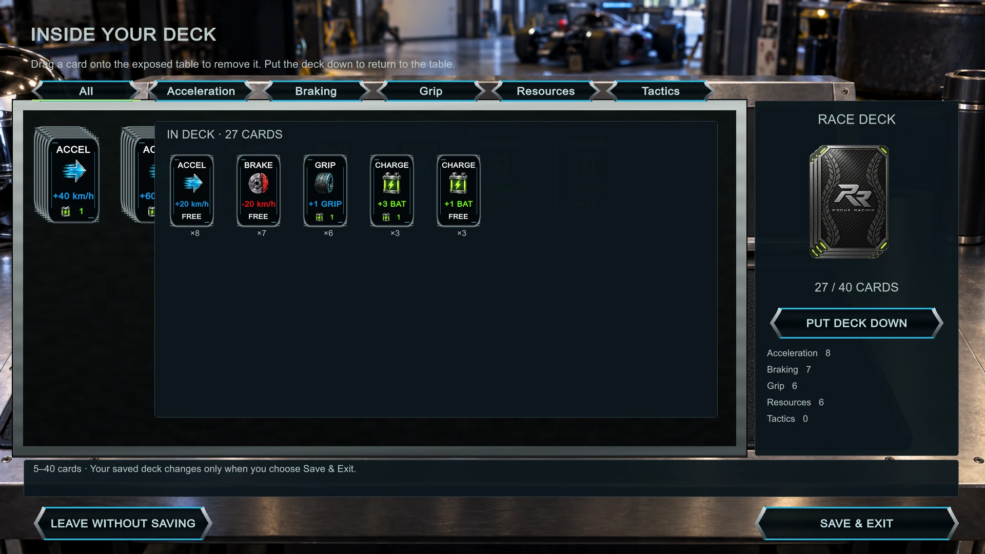The picked-up deck showing its contents and category filters